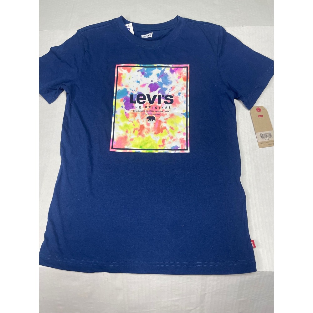 Levis‎ Kids Navy Blue Tie Dye Graphic Box Logo T-Shirt Size L 12-13 Yrs 91E640
